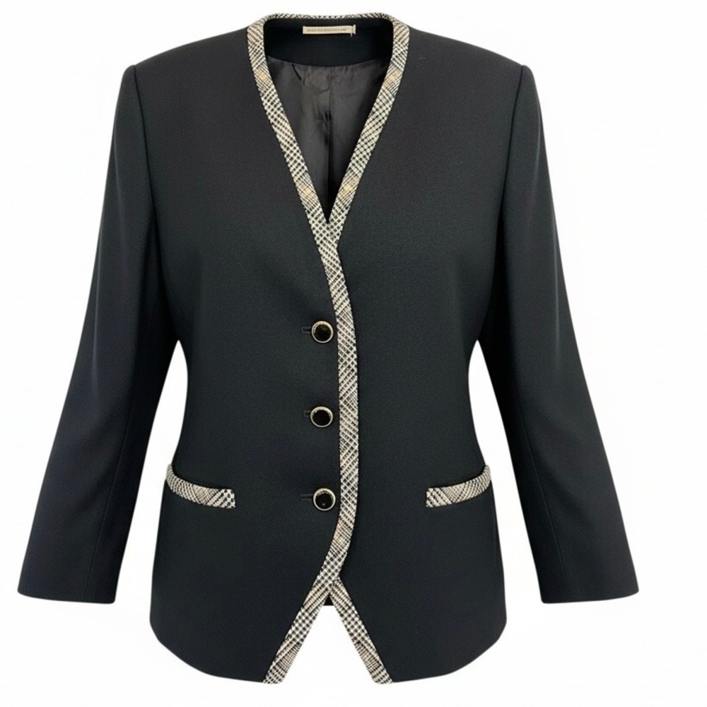 Pendleton Women's Black Blazer Plaid Trim Pure Virgin Wool Size 12 Vintage